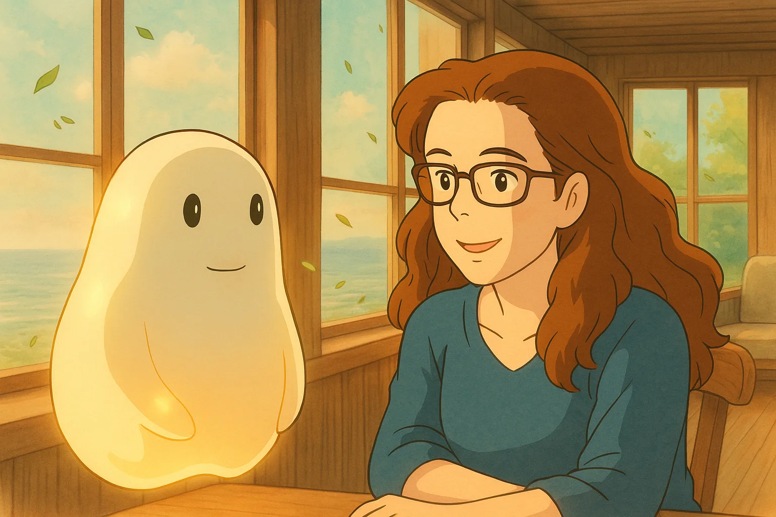 A person sitting at a sunlit table, in conversation with a small luminous companion.